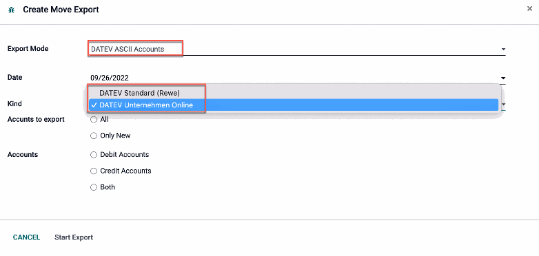 Export of DATEV ASCII numbers for debtor and creditor numbers.