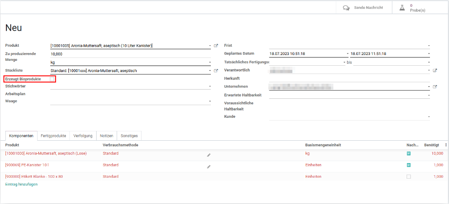 Im Modul "Fertigung" werden die nötigen Fertigungsschritte sowie weitere Informationen abgebildet.