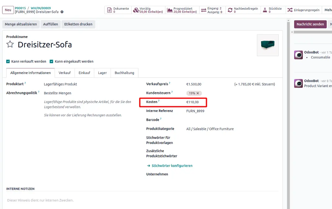 Der berechnete Durchschnittspreis in Odoo Lager (1/2)