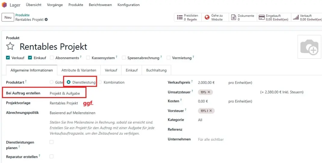 Vorbereitende Produktkonfigurationen für das Projekt​