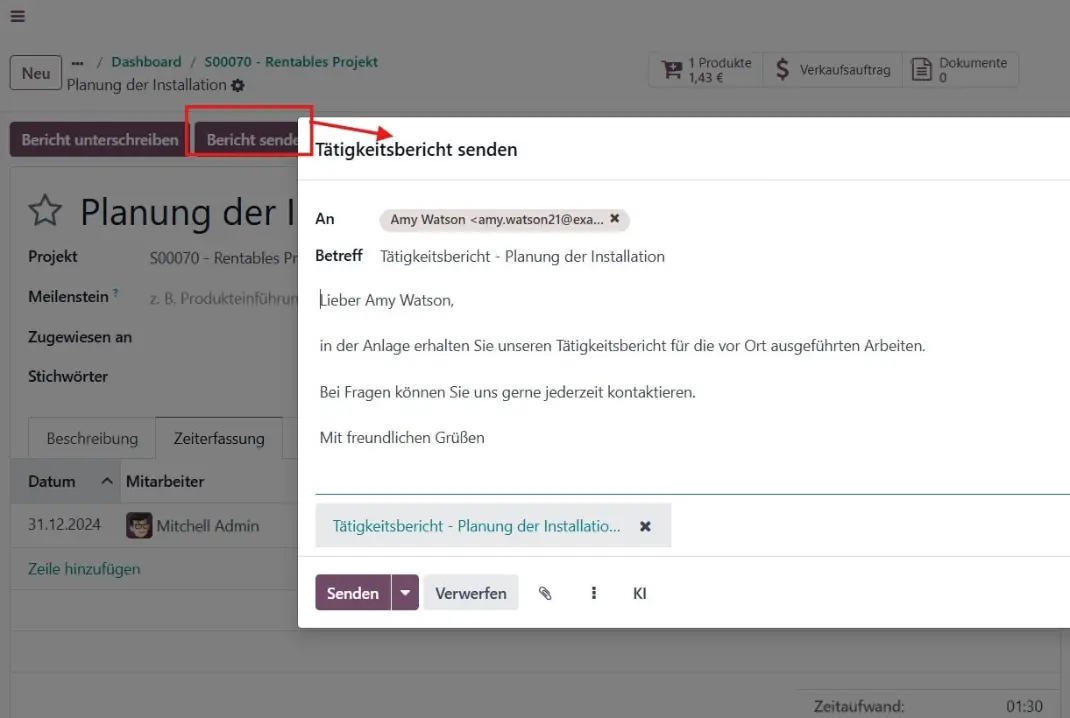 Tätigkeitsbericht aus einer Aufgabe heraus versenden​