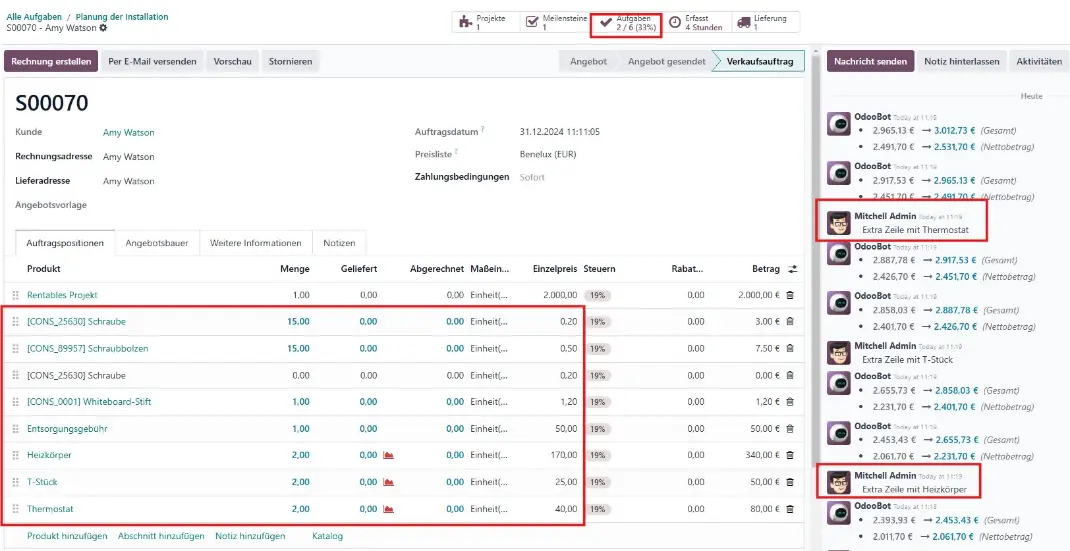 Auswirkungen der erledigten Aufgaben und eingekauften Produkten auf den ursprünglichen Verkaufsauftrag​