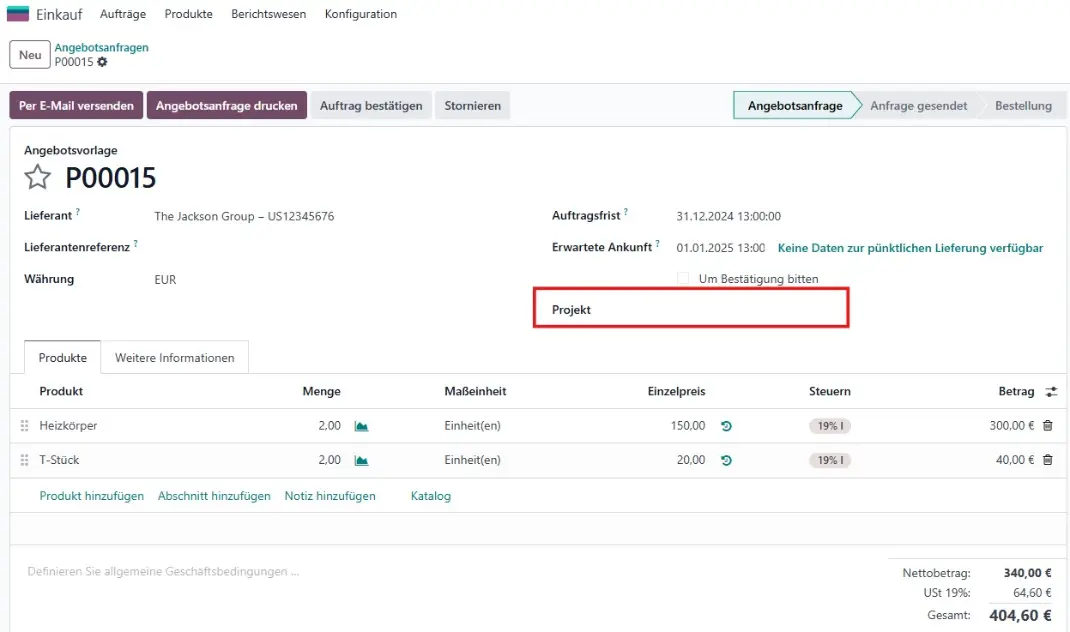 Einstellung des Projekts in einem Einkaufsauftrag​
