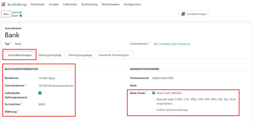 Die Kontoinformationen des Bank-Journals